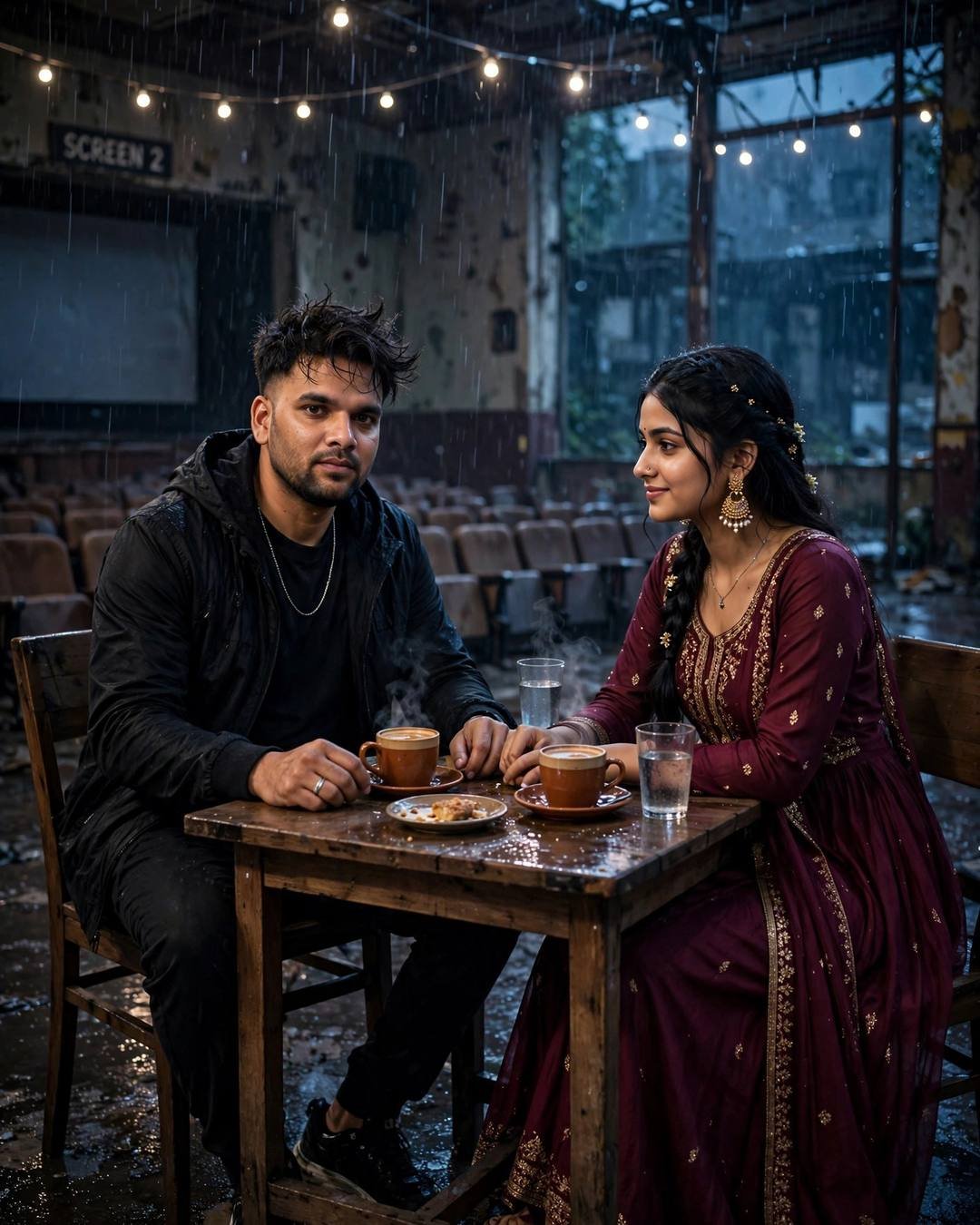 Couple sitting across a small cafe table at midnight, hands almost touching over cups, blue hour glow