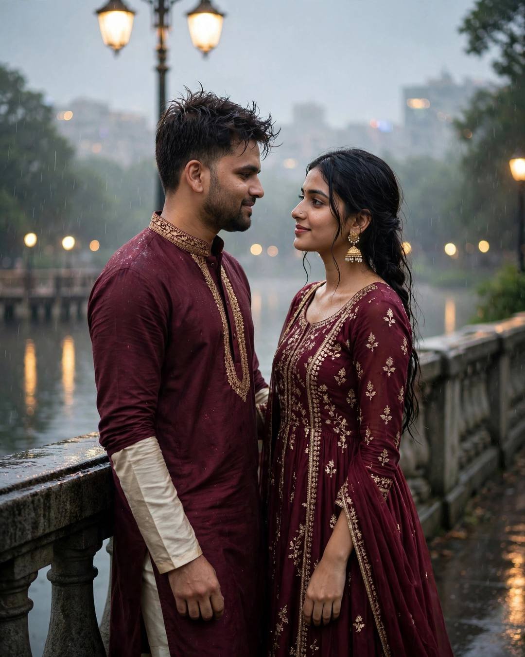 Couple standing close on a lake pier at dawn, maroon traditional outfits, warm sodium streetlamp light, drizzle