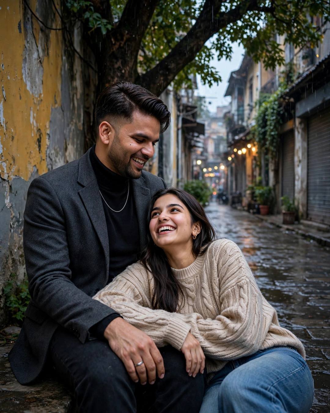 Couple sitting under a tree in an old-city lane, her head near his lap, both laughing softly