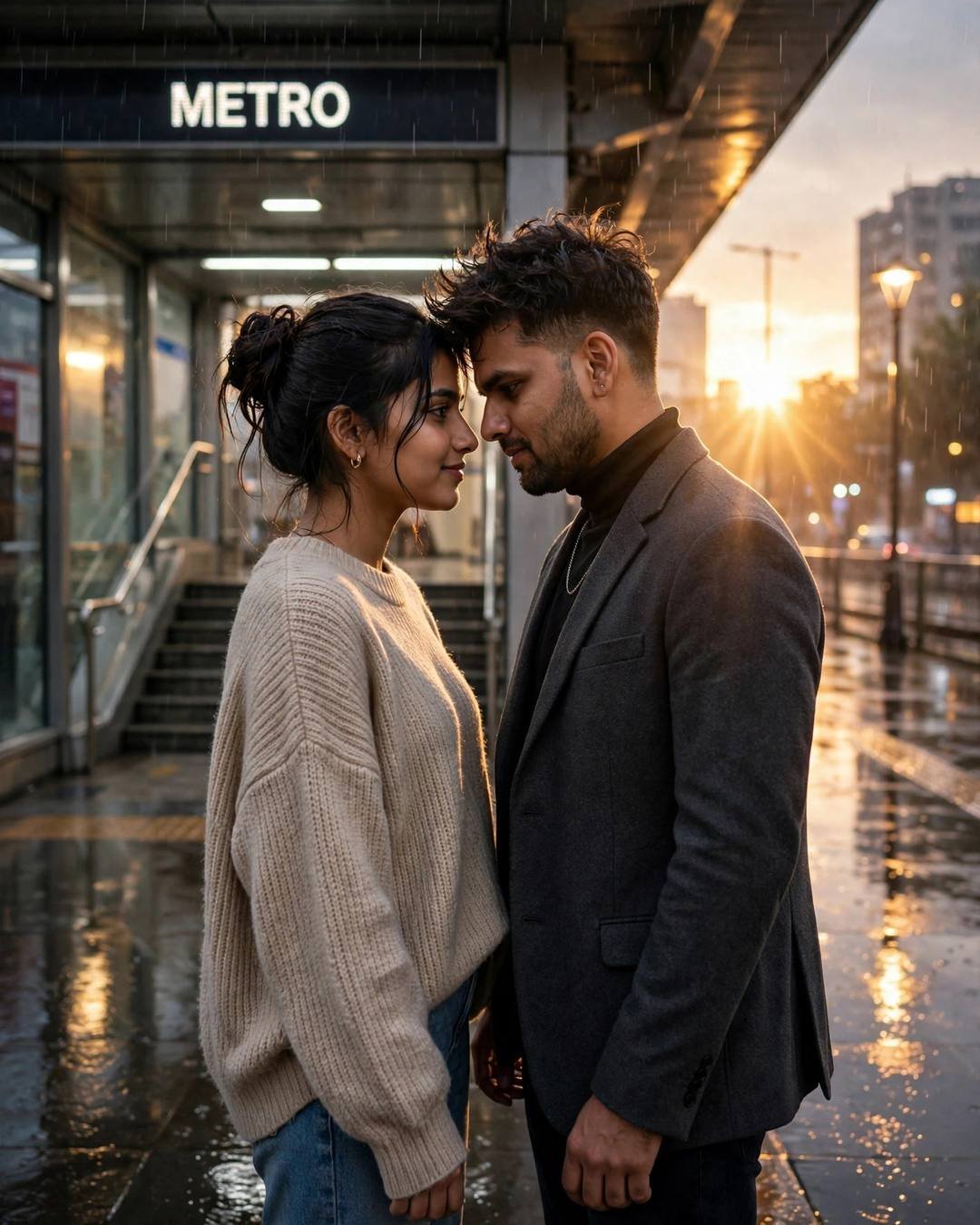 Couple standing face to face at a metro entrance in the rain, foreheads almost touching, golden hour light