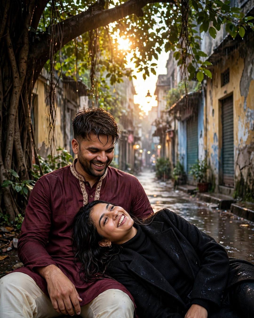 Couple laughing under a banyan tree in an old-city lane, her head in his lap, rain falling