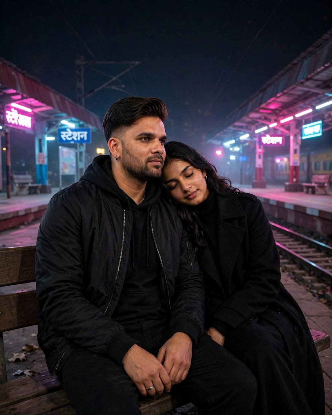 Couple seated close on a neon-lit railway platform bench at night, her head on his shoulder