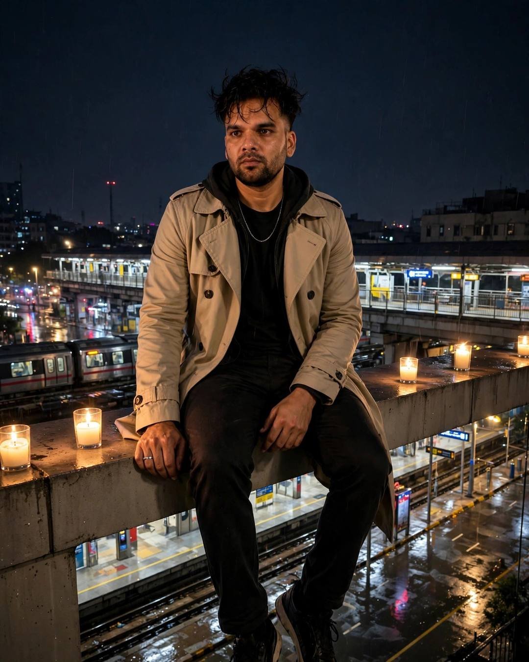 Young Indian man in a beige trench coat sitting on a rooftop ledge at night with lit candles, metro station glowing below
