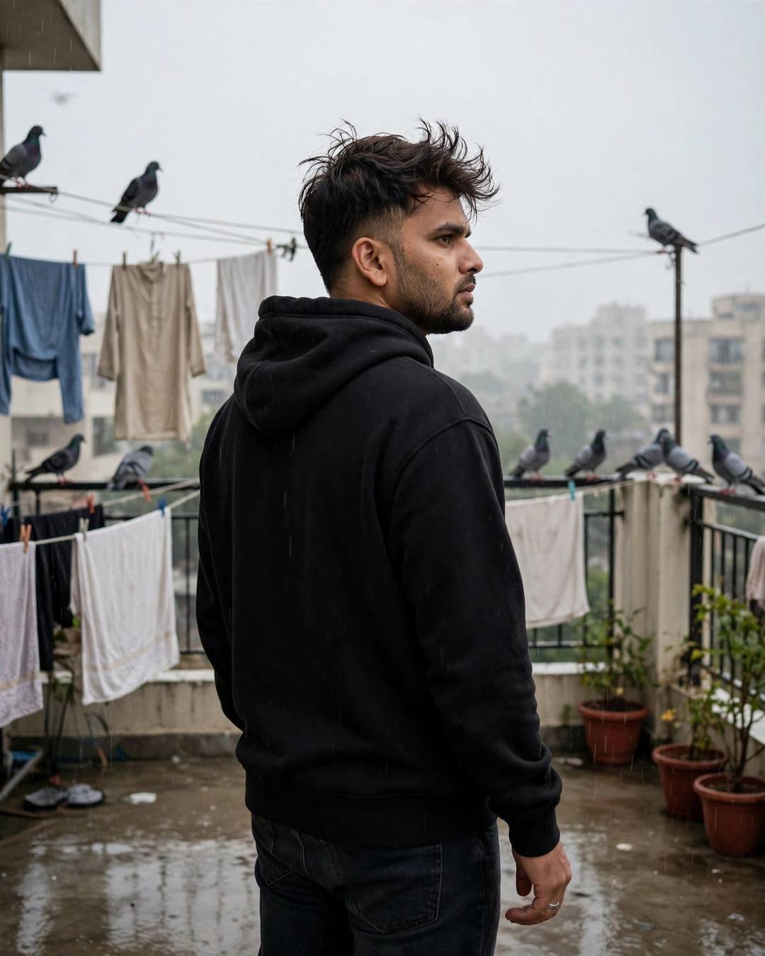 Young man in black hoodie on a rainy terrace with drying clothes and pigeons, glancing over his shoulder