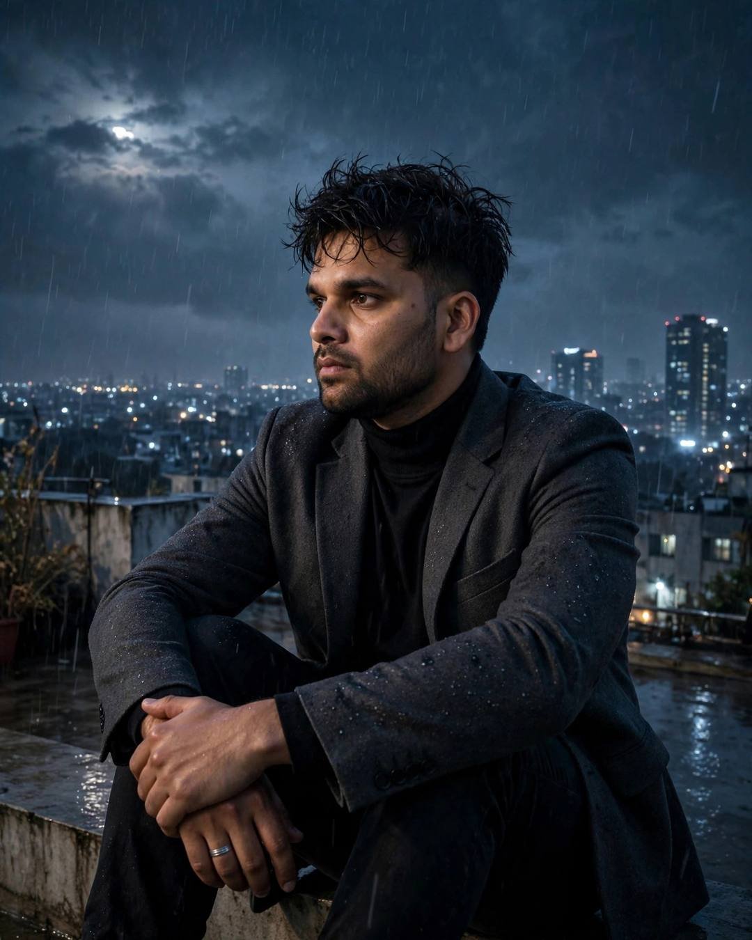 Young man in charcoal blazer sitting on a rainy rooftop at night, overlooking sleeping city lights under a moonlit sky
