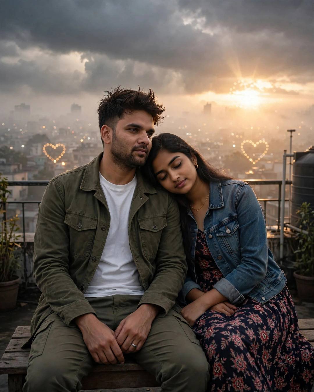 Couple sitting close on a rooftop bench at golden hour, her head on his shoulder, storm clouds gathering over the city