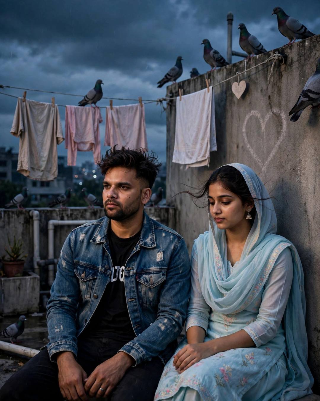 Couple sitting side by side on a stormy rooftop with drying clothes and pigeons, backs against the wall
