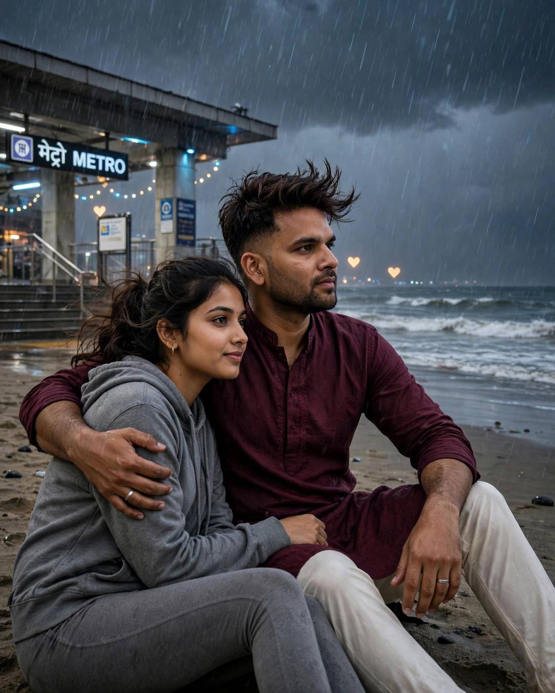 Couple reunited on a rainy beach by a metro station, his arm around her, heavy monsoon rain falling