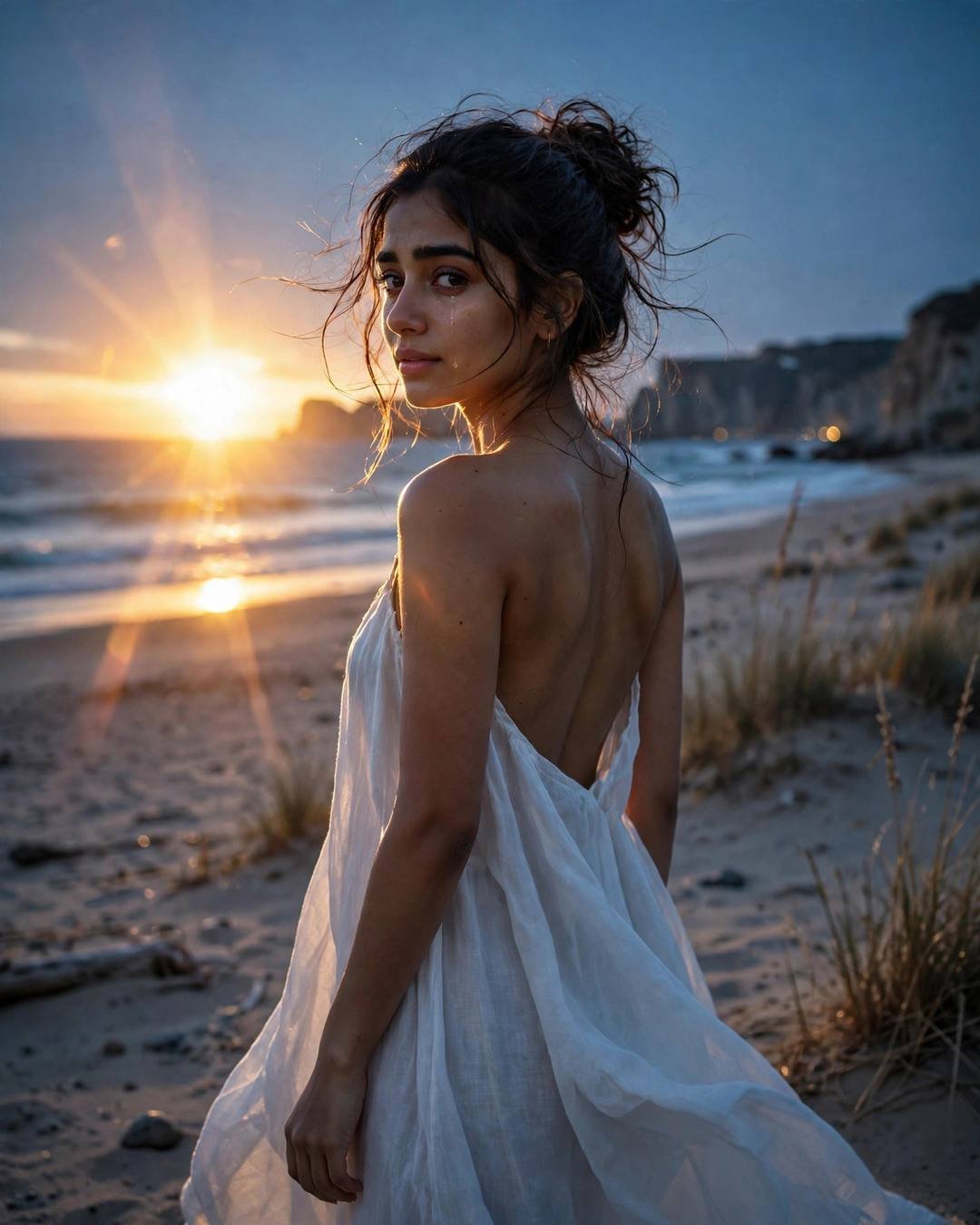 Young Indian woman in a flowing white dress on a deserted beach at sunset, glancing over her shoulder