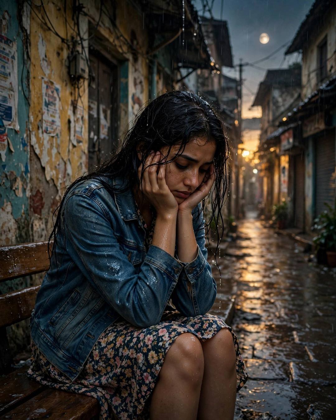 Young Indian woman sitting on a bench in a rainy old-city lane at night, head in hands, denim jacket over floral dress, moon overhead