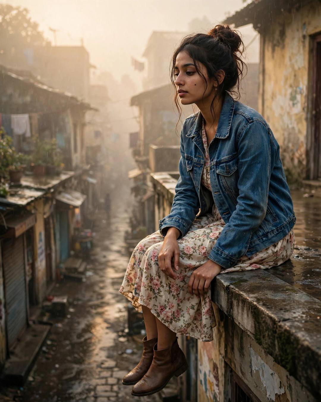 Young Indian woman sitting on a rooftop ledge in fog with legs dangling, denim jacket over floral dress, messy bun, gazing at the old lane