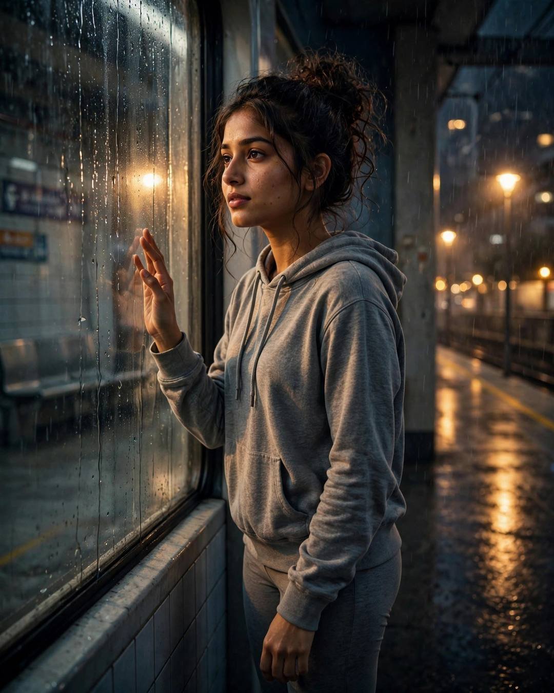 Young Indian woman at a rain-streaked metro window at night, hand on the glass, grey hoodie, messy bun, warm station lights