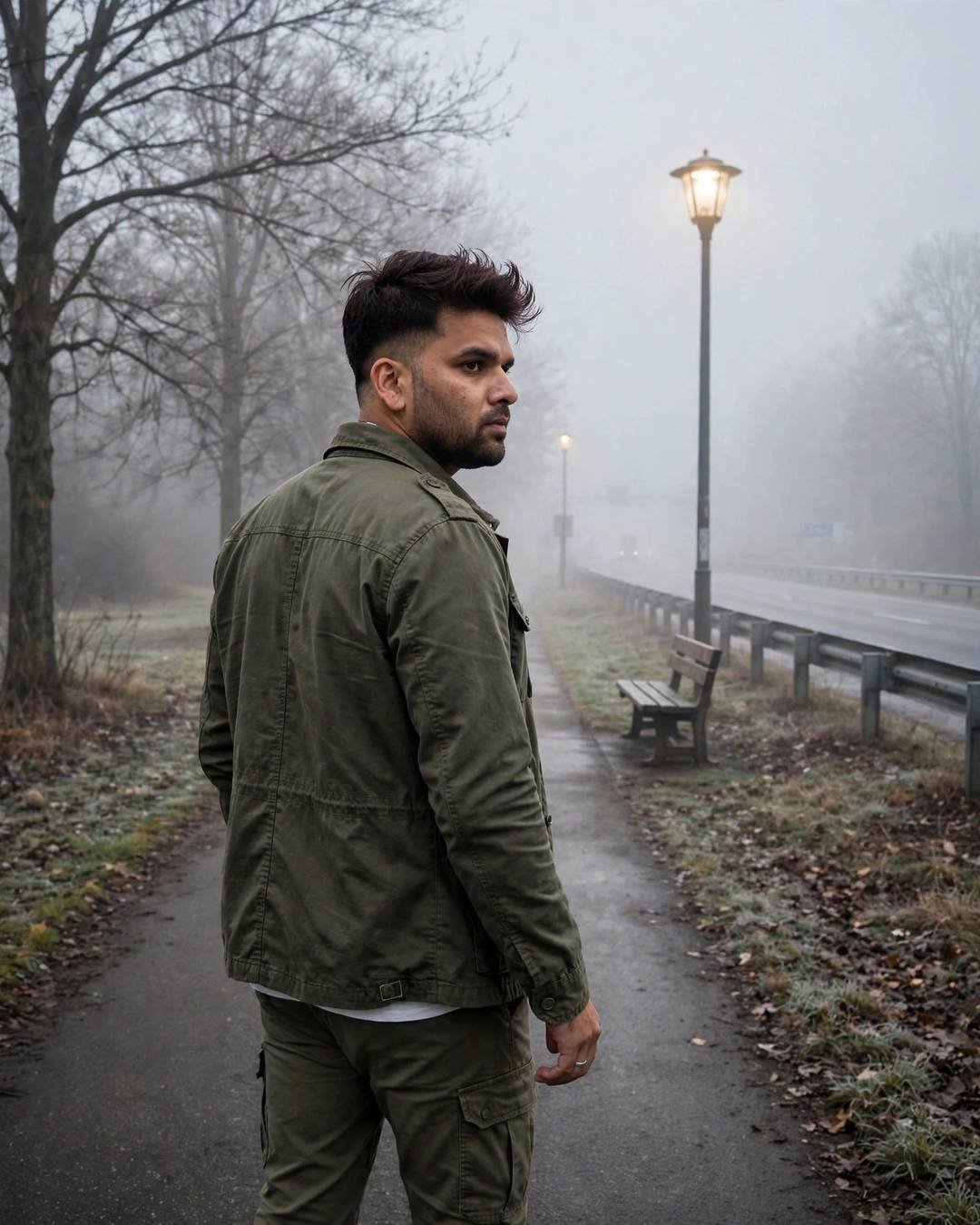 Young Indian man in an olive field jacket on a foggy roadside path at night, looking back over his shoulder