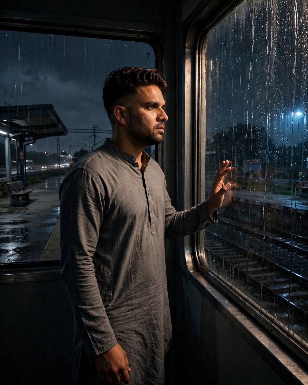 Young Indian man in a grey kurta standing at a rain-streaked window on an empty railway platform at night