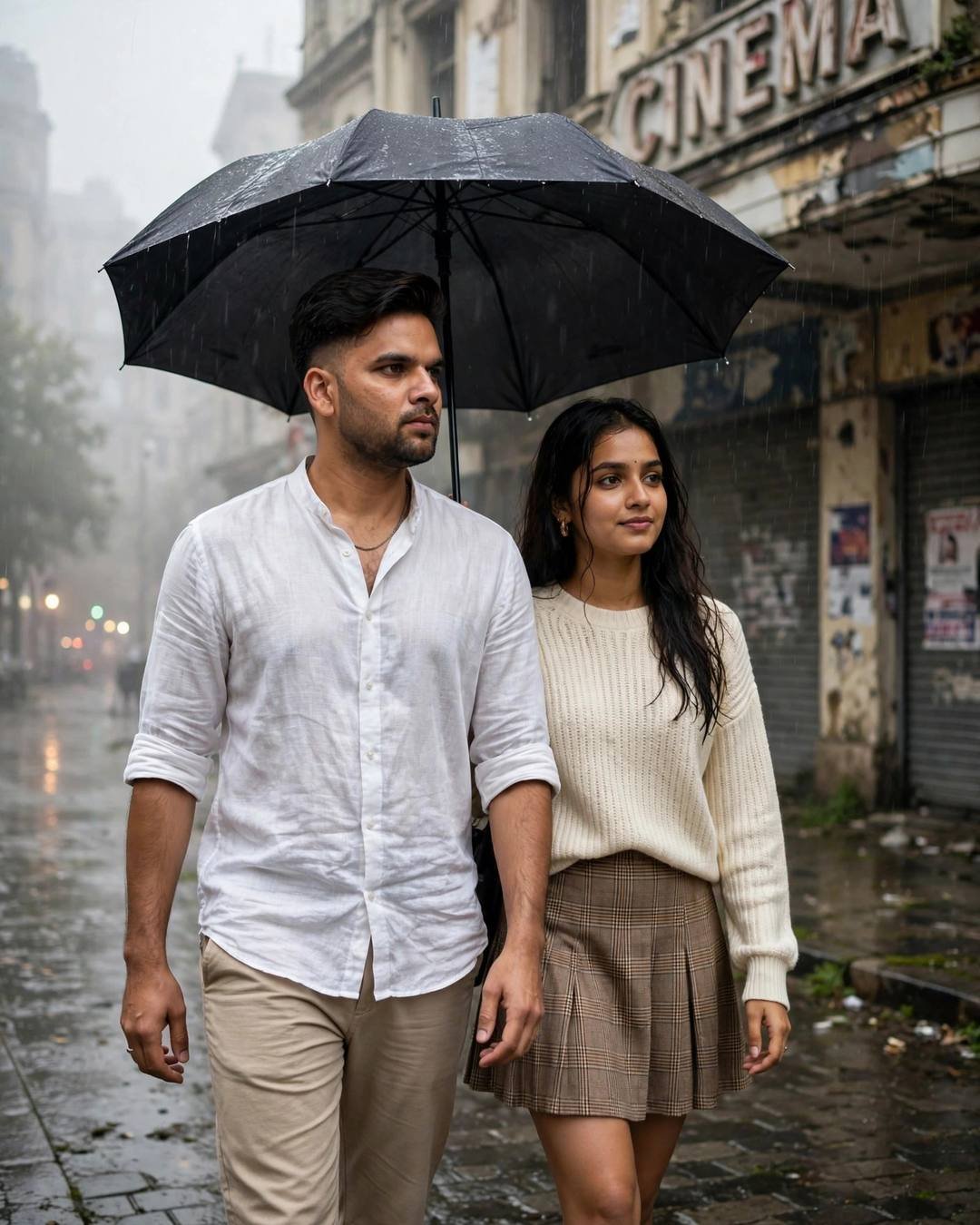 Indian couple walking under one black umbrella in rain outside an abandoned cinema hall, man in white linen shirt, woman in cream top and plaid skirt