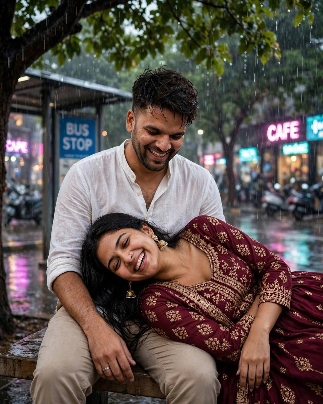 Laughing Indian couple under a tree at a rainy bus stop at night, her head in his lap, man in white shirt, woman in maroon anarkali, neon signs