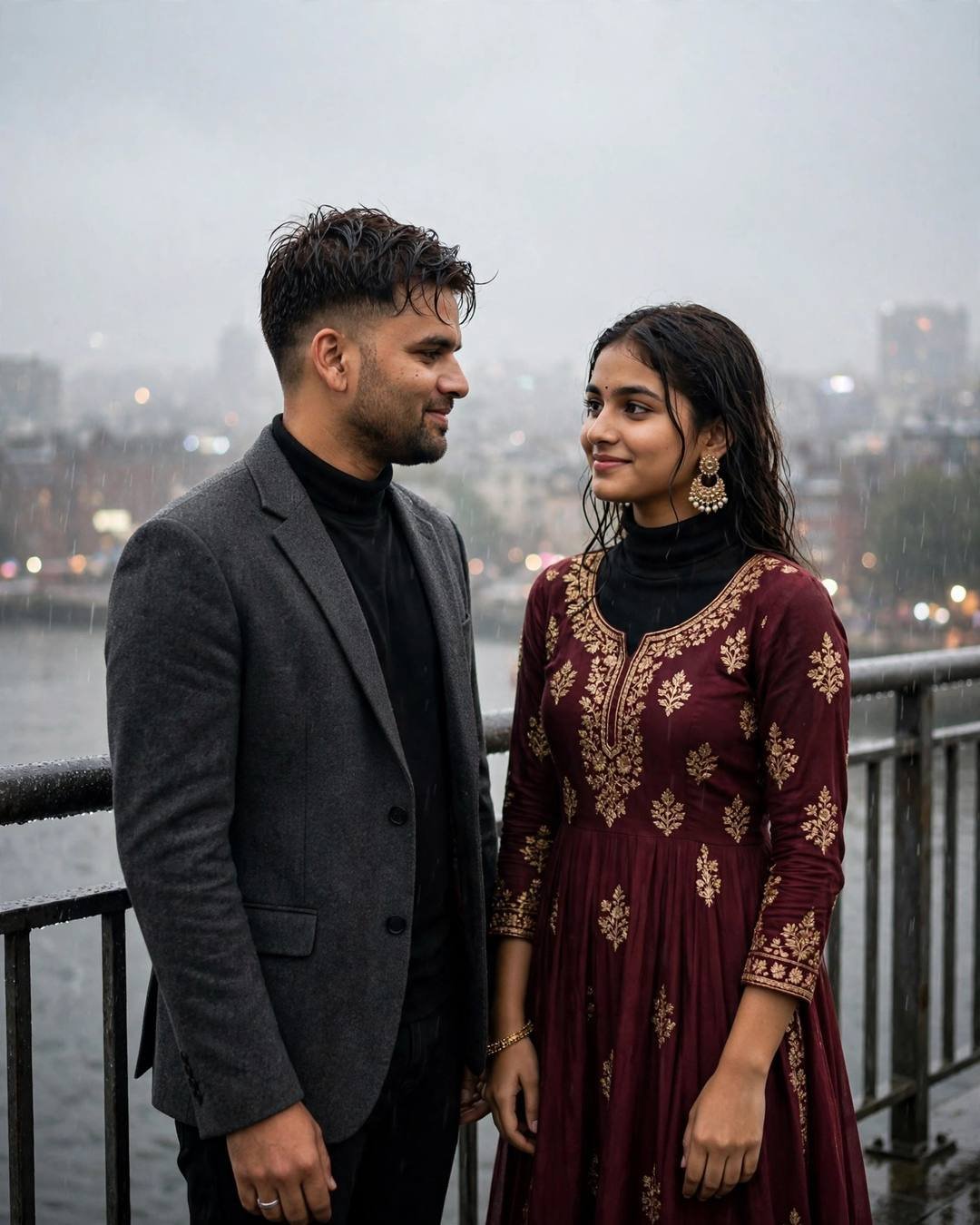 Young Indian couple on a rainy bridge exchanging shy glances, man in charcoal blazer and black turtleneck, woman in maroon anarkali