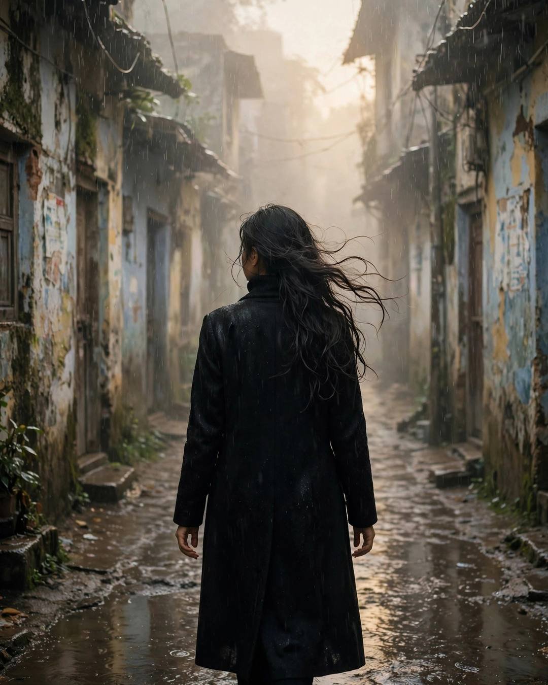Woman in a long black coat walking away down a rain-soaked old-city lane at dawn