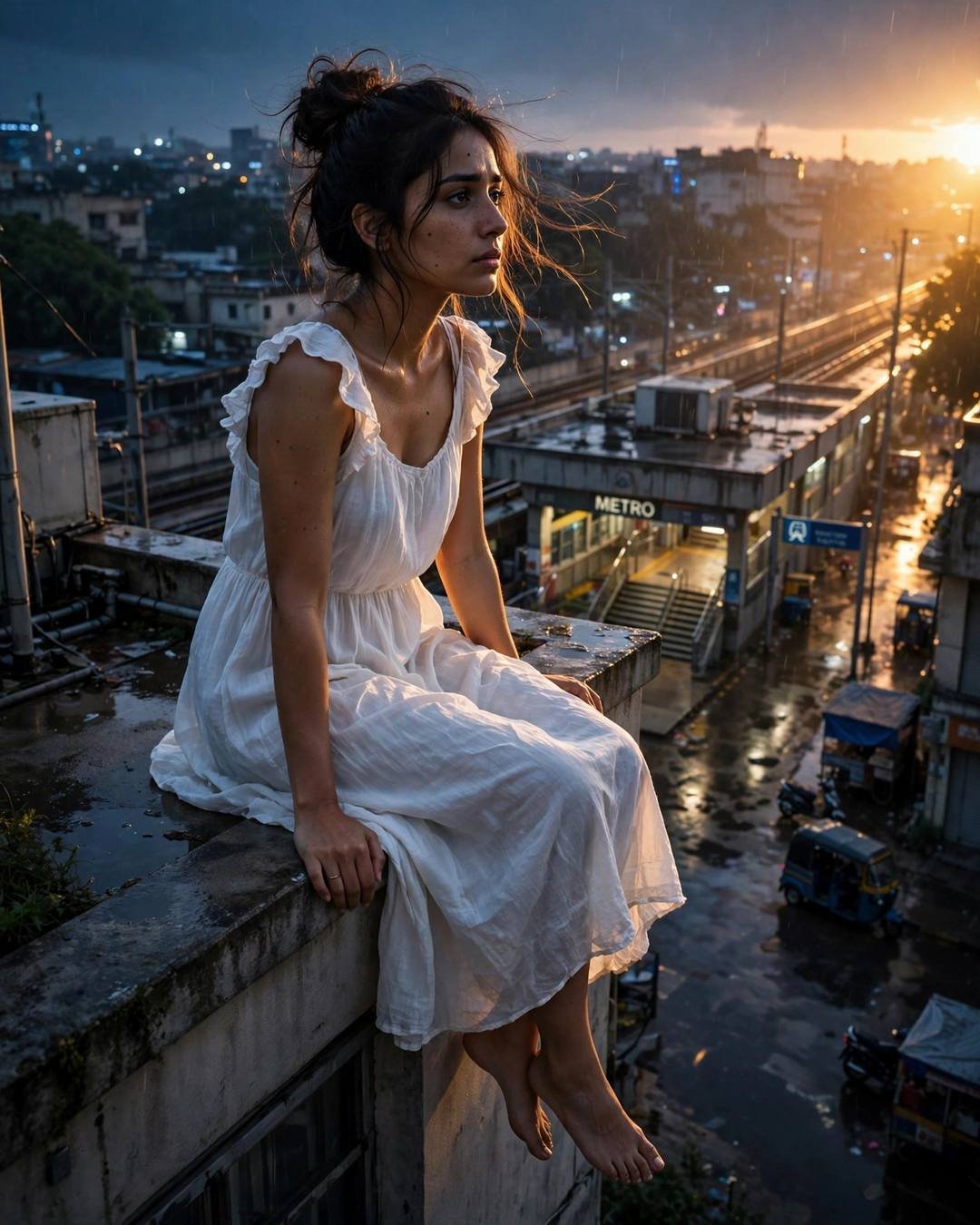 Young Indian woman in white sitting on a rooftop ledge above a glowing metro station at golden hour