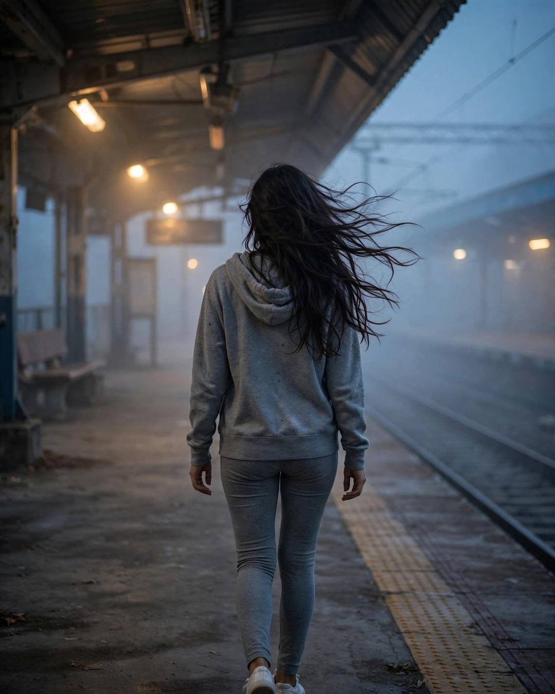Young Indian woman in a grey hoodie walking away down a foggy railway platform at night