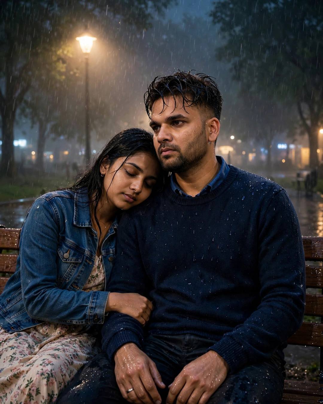 Couple sitting close on a park bench under a lone lamp in the midnight rain