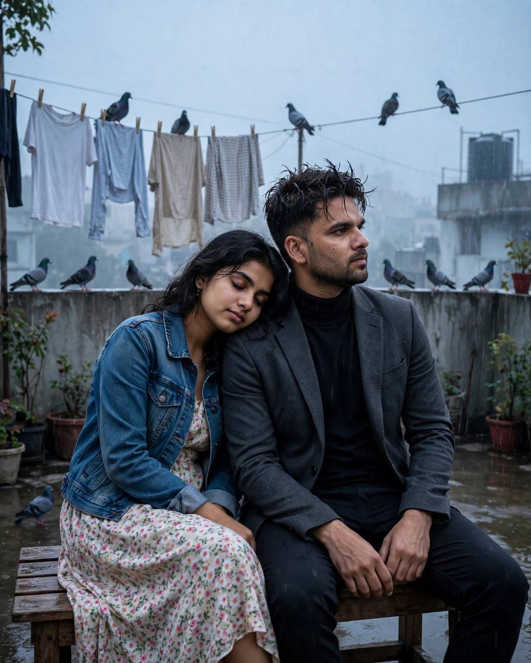 Couple sitting close on a terrace bench among pigeons and clothes lines in the drizzle