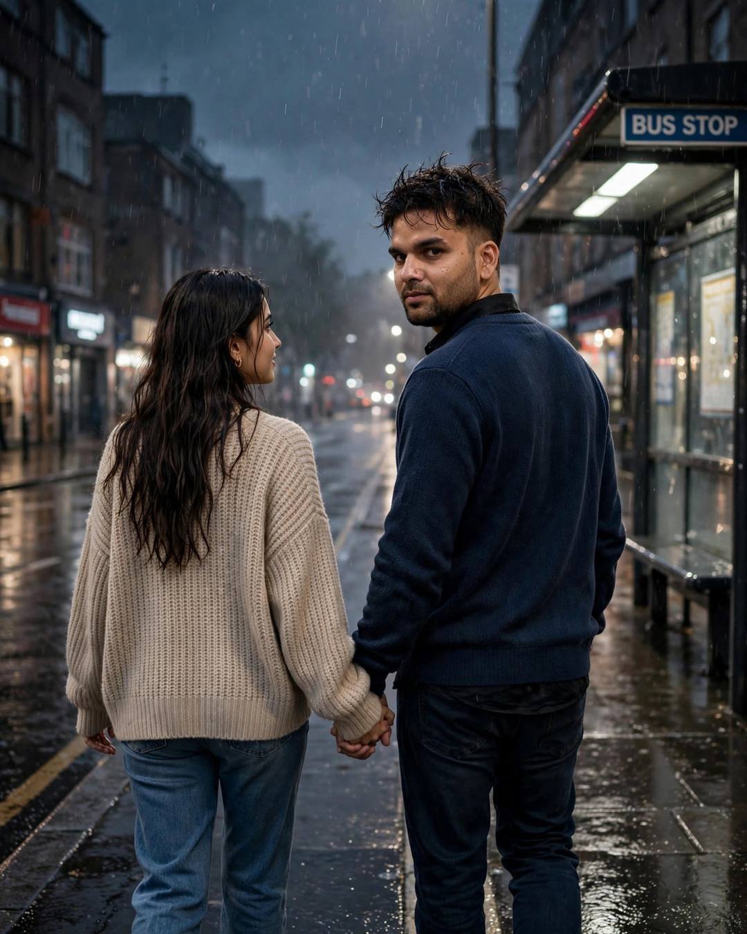 Couple walking hand in hand away from a rainy bus stop at midnight, looking back