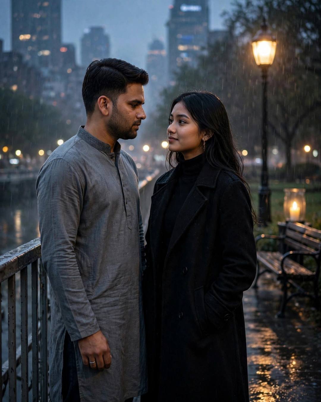 Couple facing each other on a rainy bridge at dawn, a candle glowing on the bench below