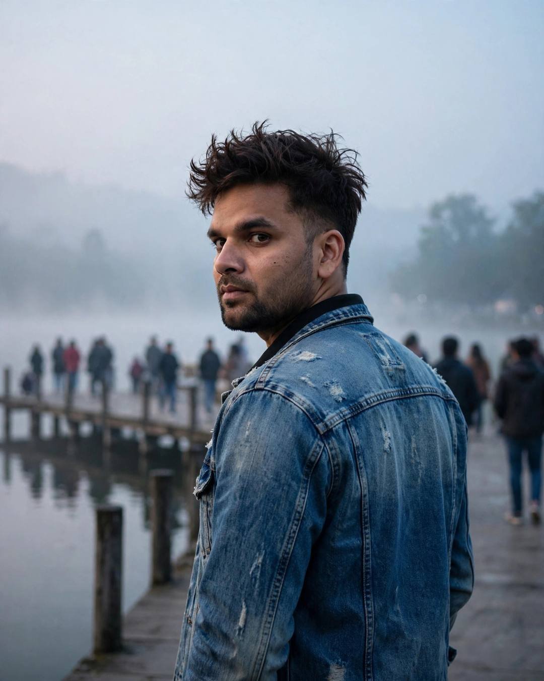 Young Indian man in a denim jacket on a crowded lake pier at dawn, looking over his shoulder
