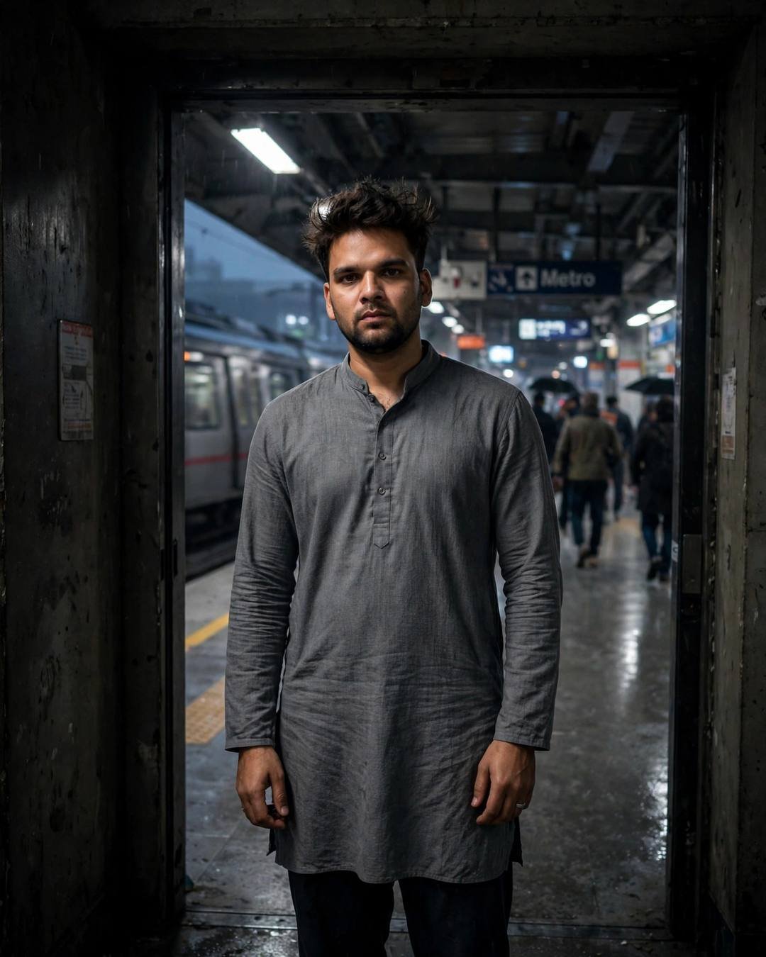 Young Indian man in a grey kurta standing in a metro-station doorway at midnight, half in shadow