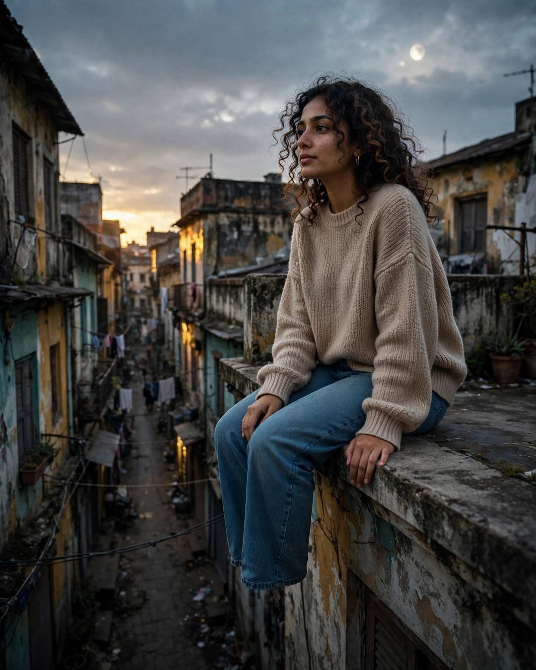 Young Indian woman in a beige sweater sitting on a rooftop ledge over a narrow old-city lane at moonrise