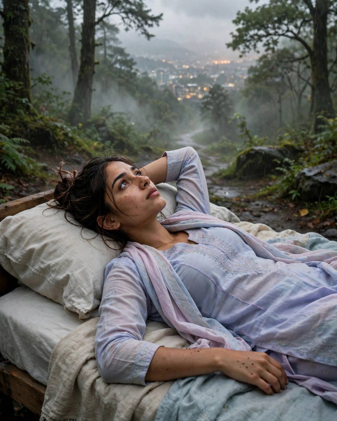 Young Indian woman in a pastel salwar-kameez reclining in a misty forest, gazing up