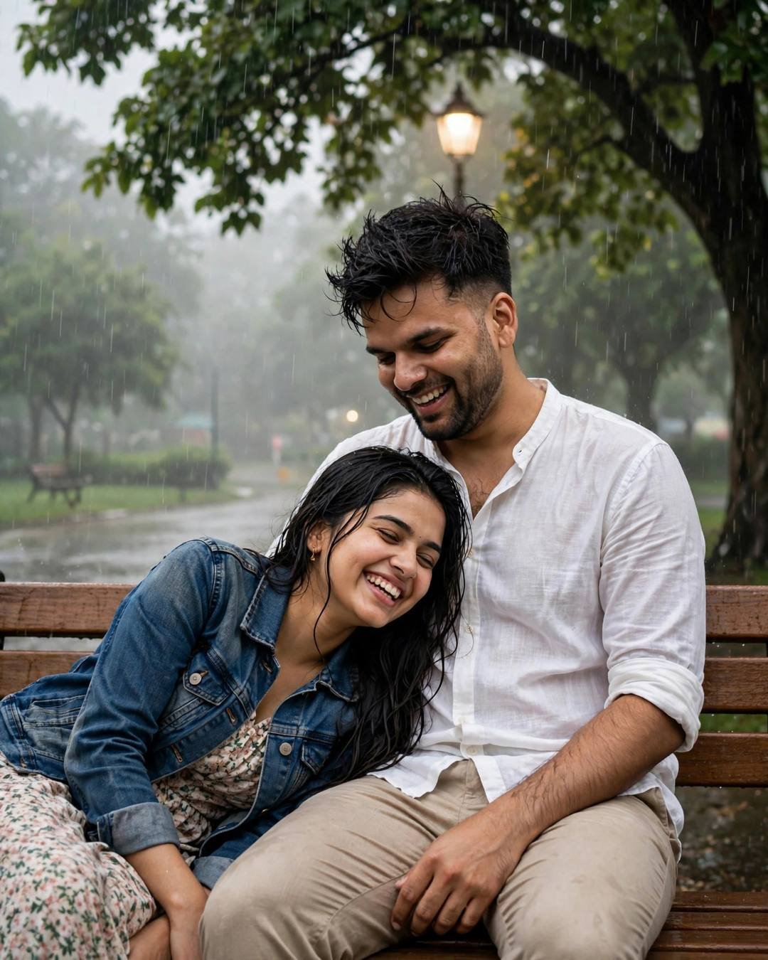 Couple laughing together on a park bench under a lone lamp in heavy monsoon rain