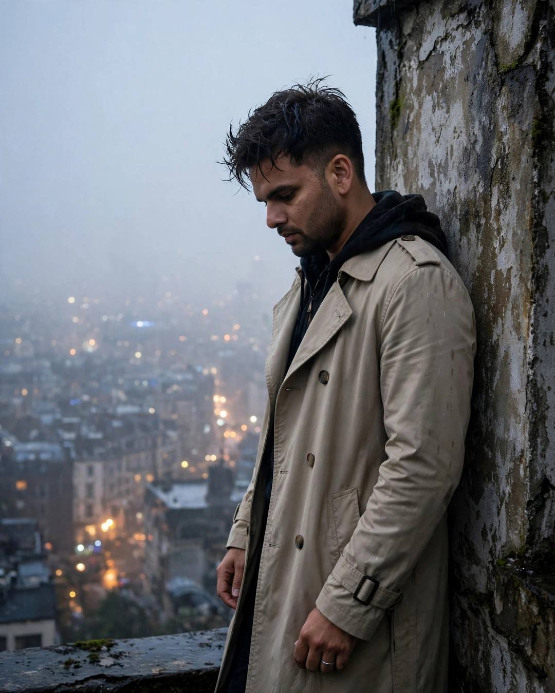 Young Indian man in a beige trench coat leaning against a rooftop wall over a foggy city at dawn