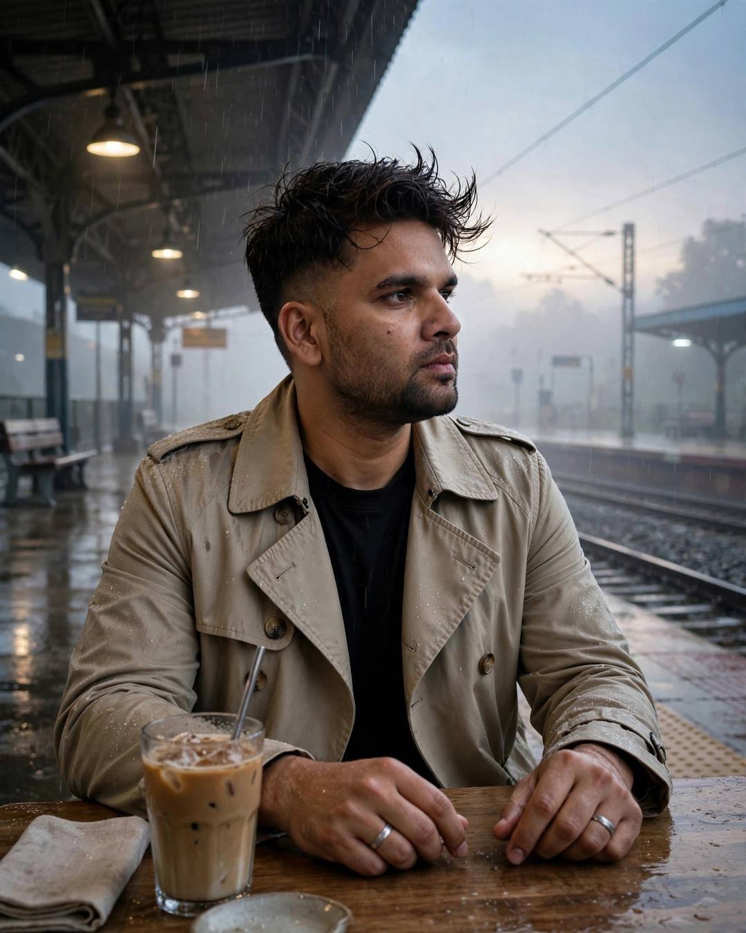 Young Indian man in a beige trench coat with cold coffee at an empty rainy platform at night