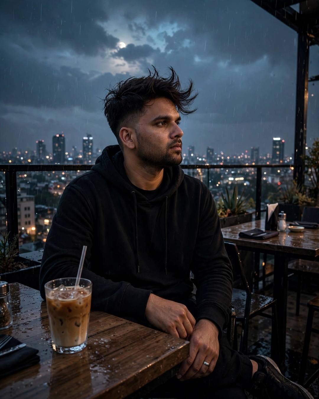 Young Indian man in black streetwear with cold coffee at a rooftop café in a monsoon shower