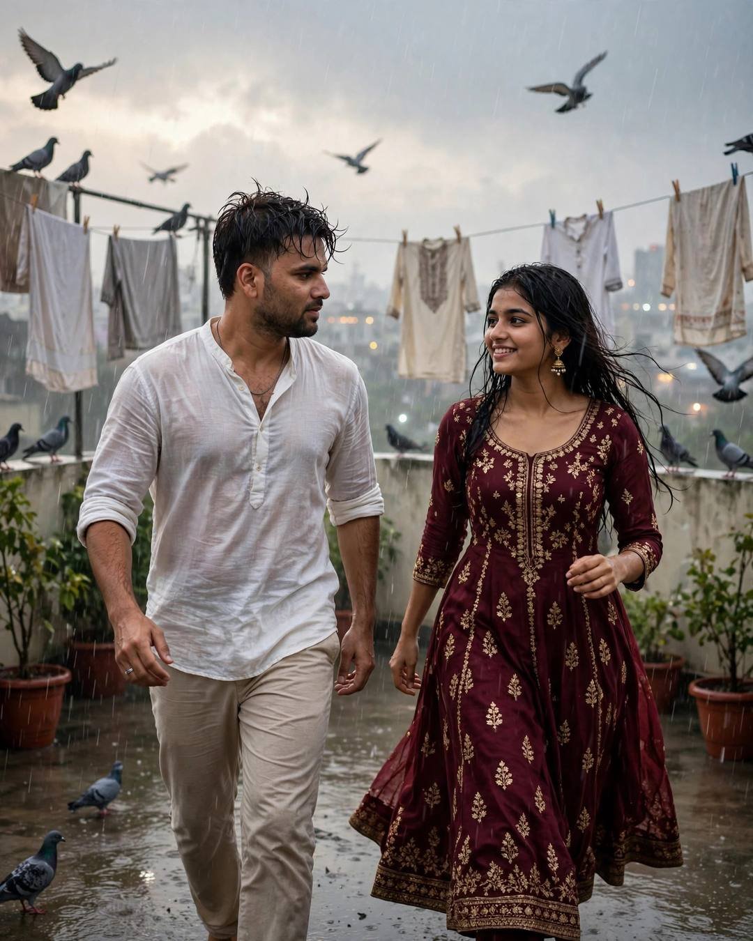 Indian couple walking toward each other on a rain-wet rooftop terrace with clothes lines and pigeons, man in white linen shirt, woman in maroon anarkali