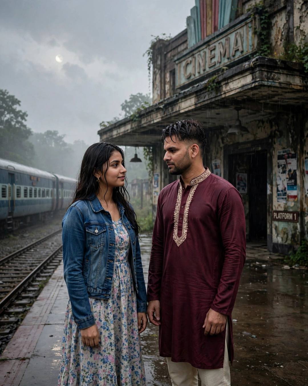 Indian couple standing close on a rainy railway platform beside an old abandoned cinema hall, moon in an overcast sky