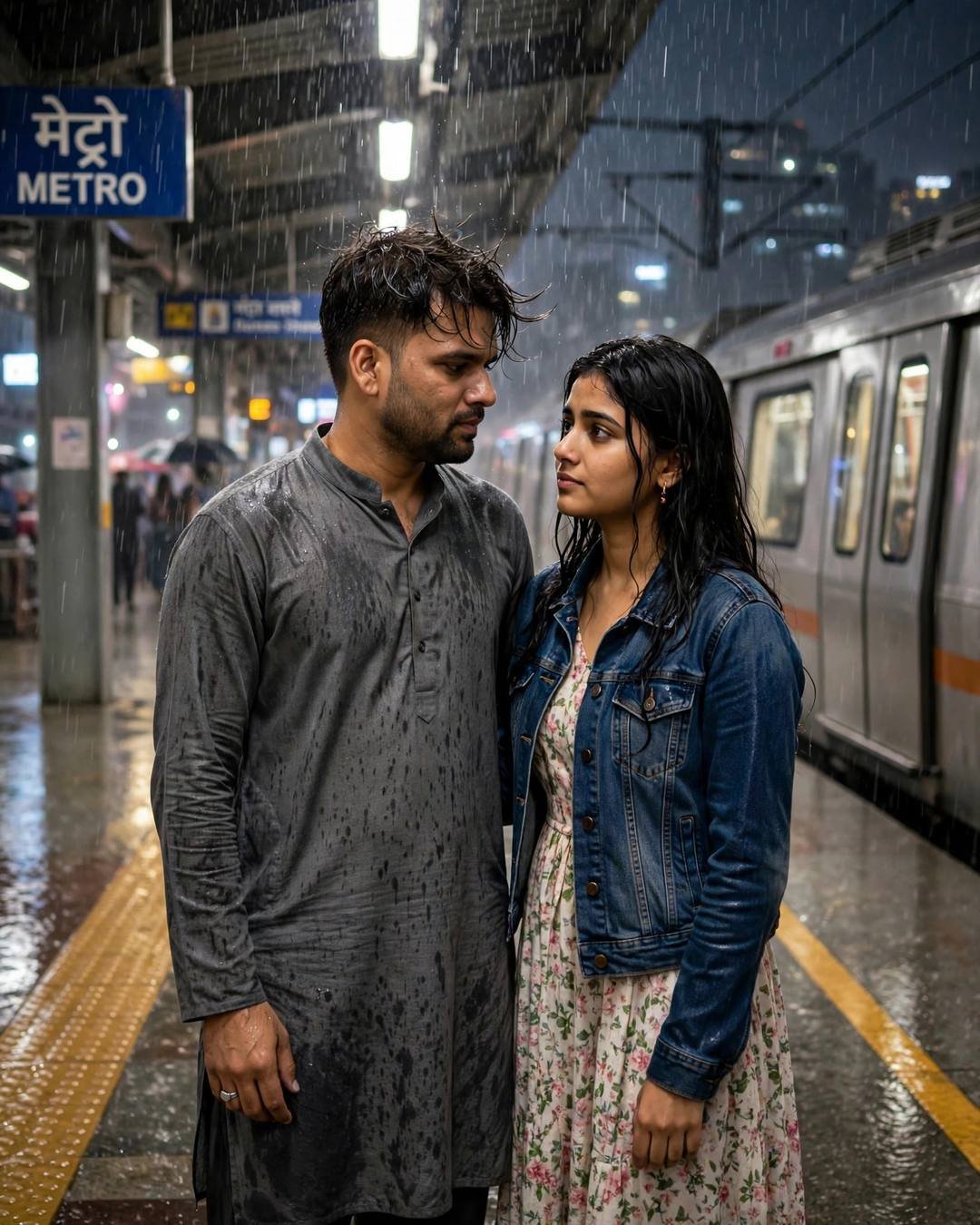 Indian couple standing close on a rainy midnight metro platform under a glowing METRO sign, man in grey kurta, woman in denim jacket