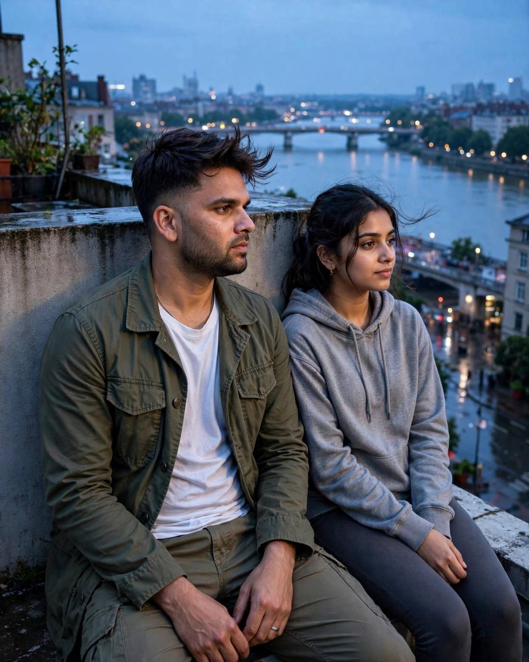 Young Indian man and woman sitting on a rooftop ledge at blue hour overlooking a river and lit bridge, olive jacket, grey hoodie
