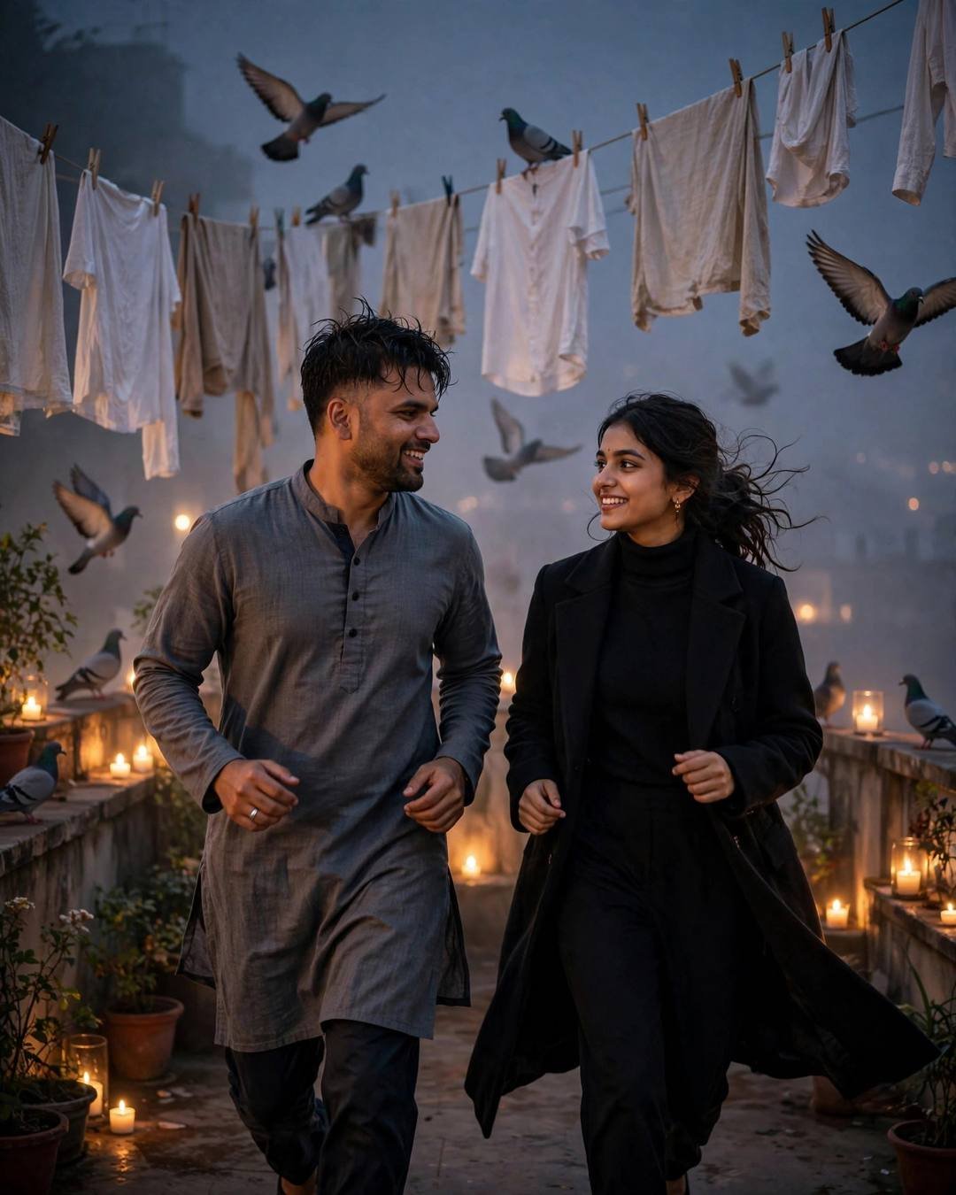 Indian couple running toward each other laughing on a foggy candlelit rooftop terrace with pigeons and clothes lines, grey kurta, black coat