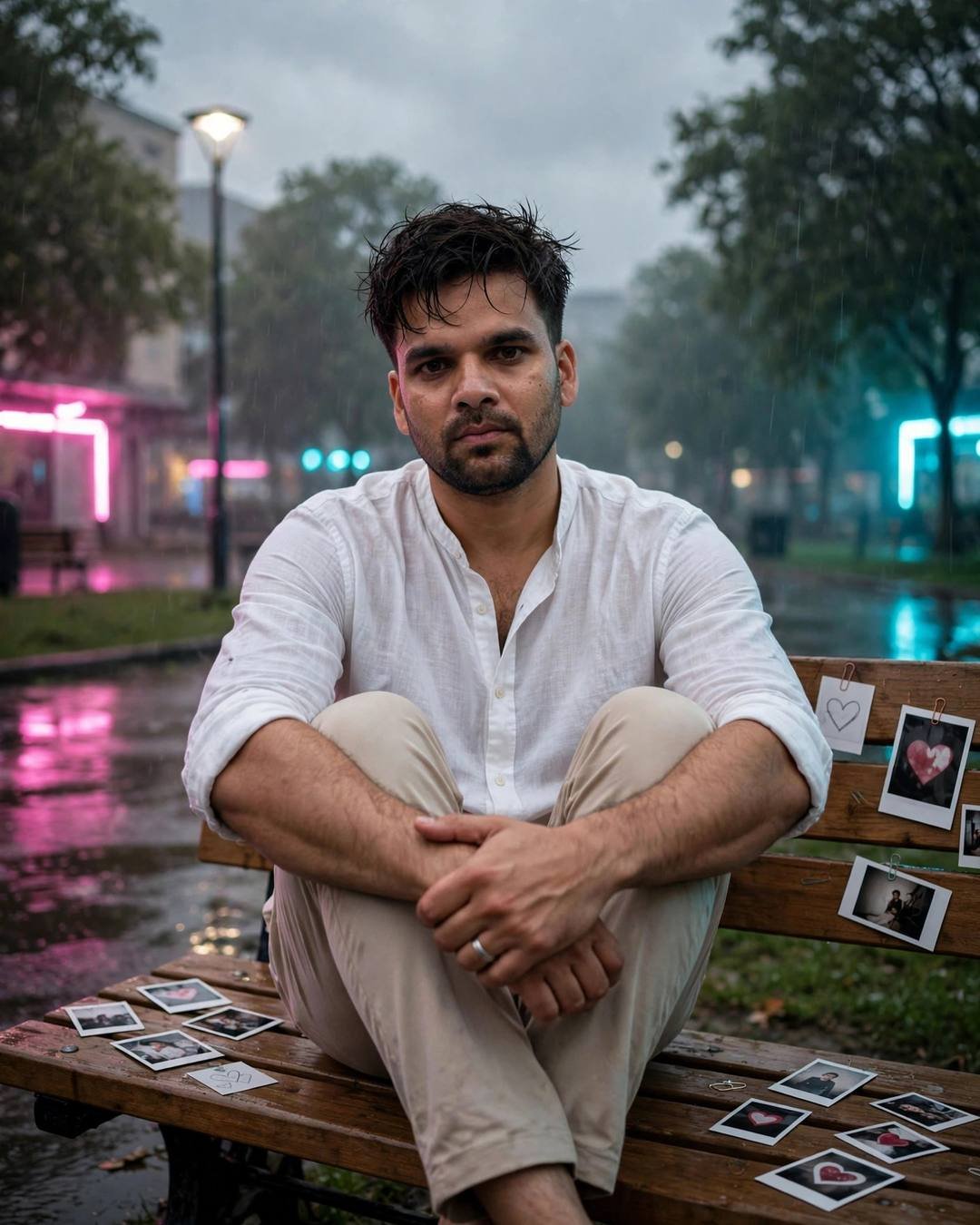 Young Indian man sitting on a rainy park bench at night with knees drawn up, white linen shirt, polaroids scattered on the bench, neon glow