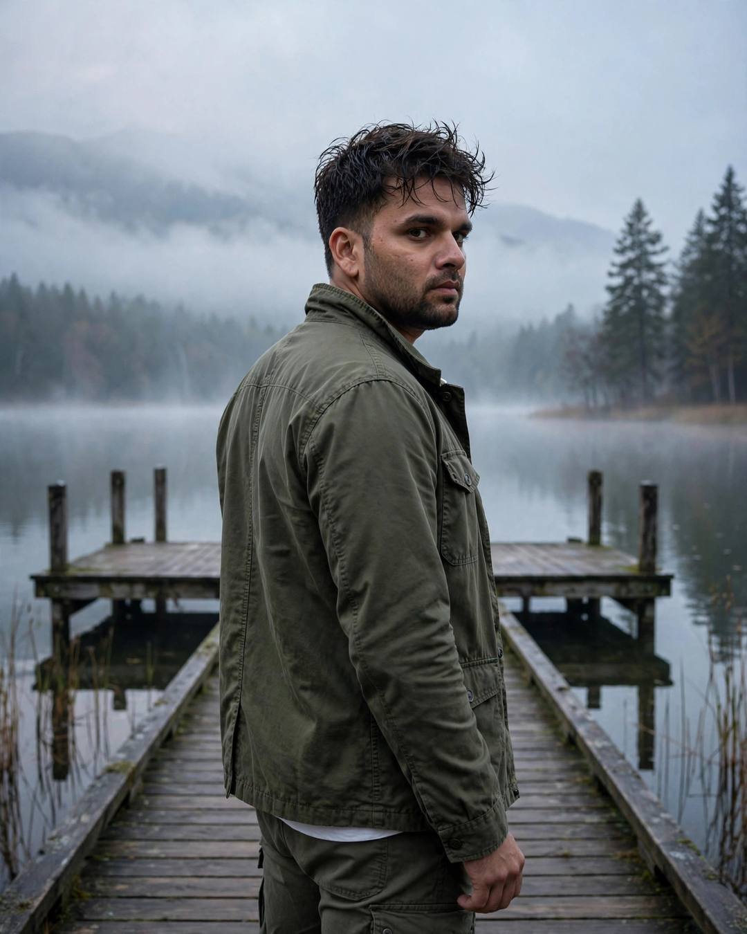Young Indian man in an olive field jacket on a misty lake pier at dawn, looking over his shoulder