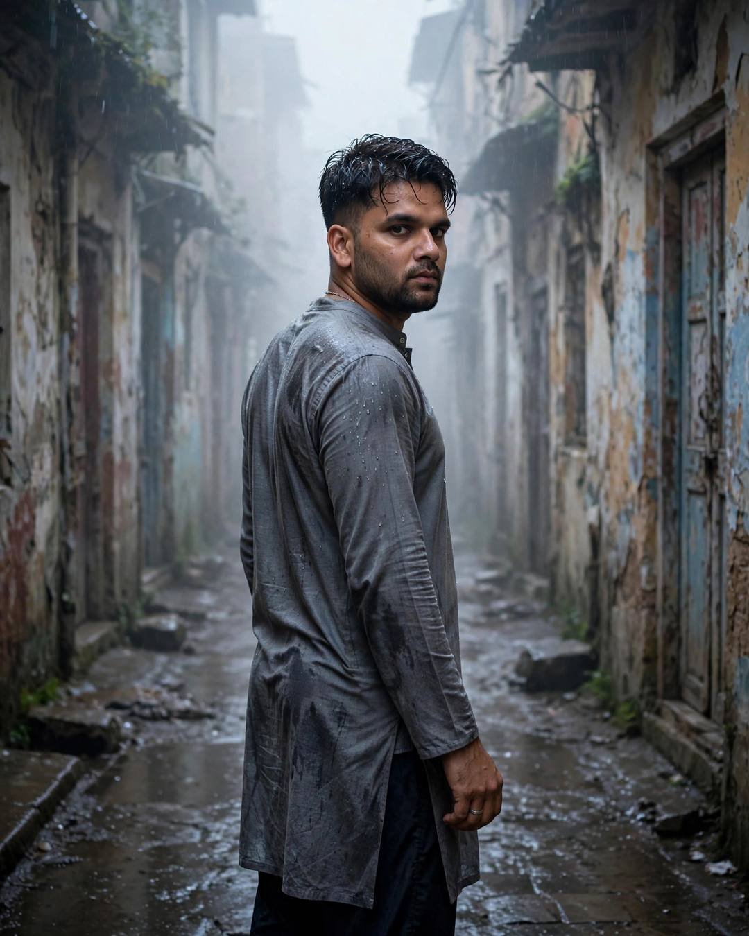 Young Indian man in a grey kurta looking over his shoulder in a foggy old-city lane at dawn