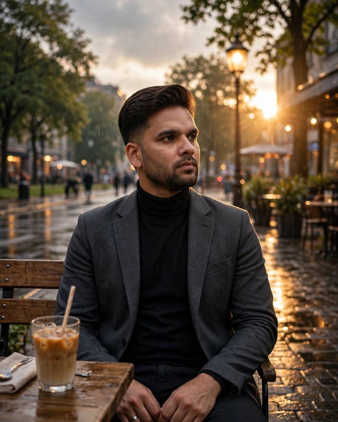 Young Indian man sitting at a cafe table with an iced coffee, charcoal blazer, golden-hour backlight flaring through trees on a wet street