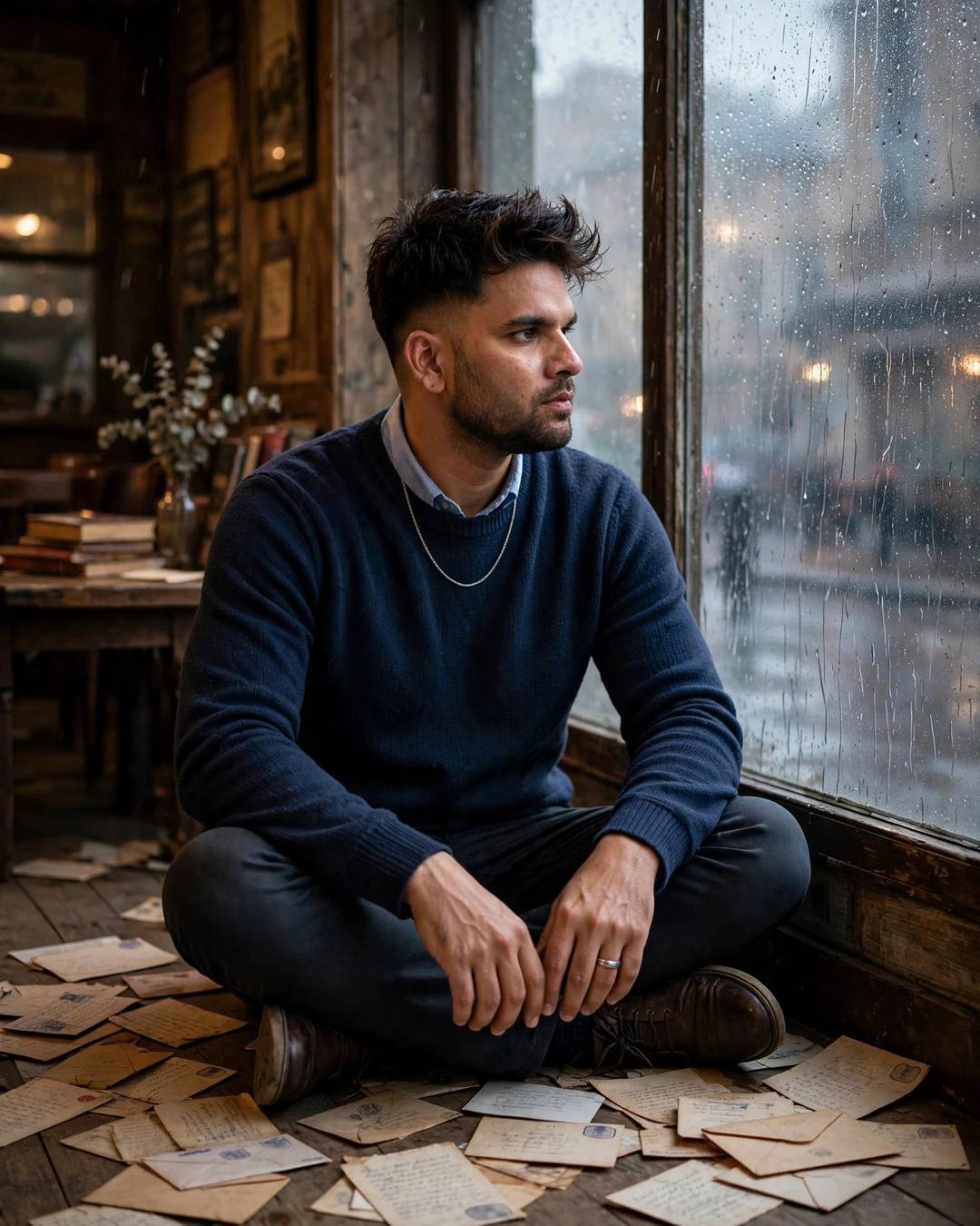 Young Indian man sitting cross-legged on an old cafe floor among scattered old photographs, navy sweater, gazing out a fogged window