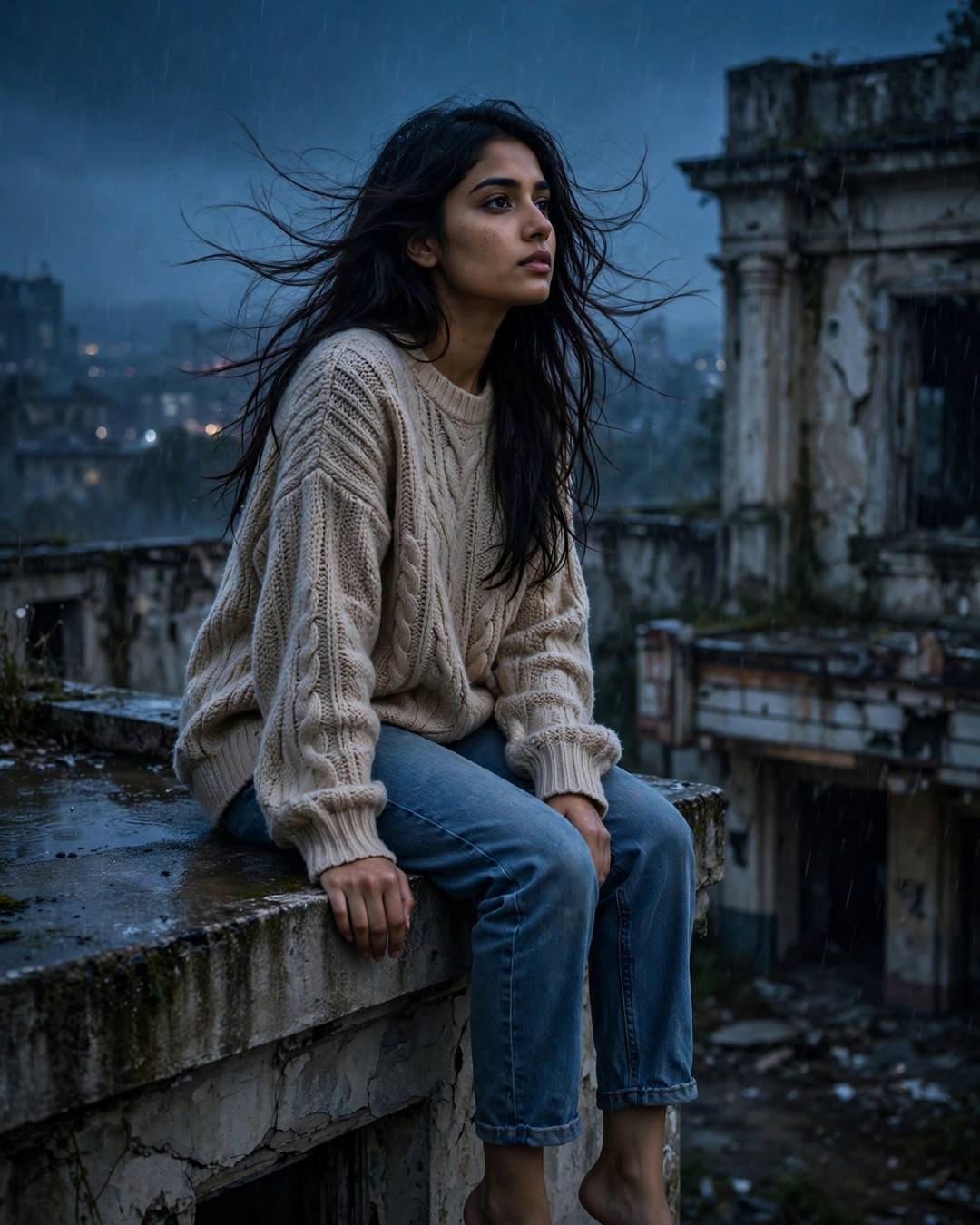 Young Indian woman sitting on a ruined rooftop ledge in drizzle with legs dangling, oversized beige sweater, hair whipping in the breeze