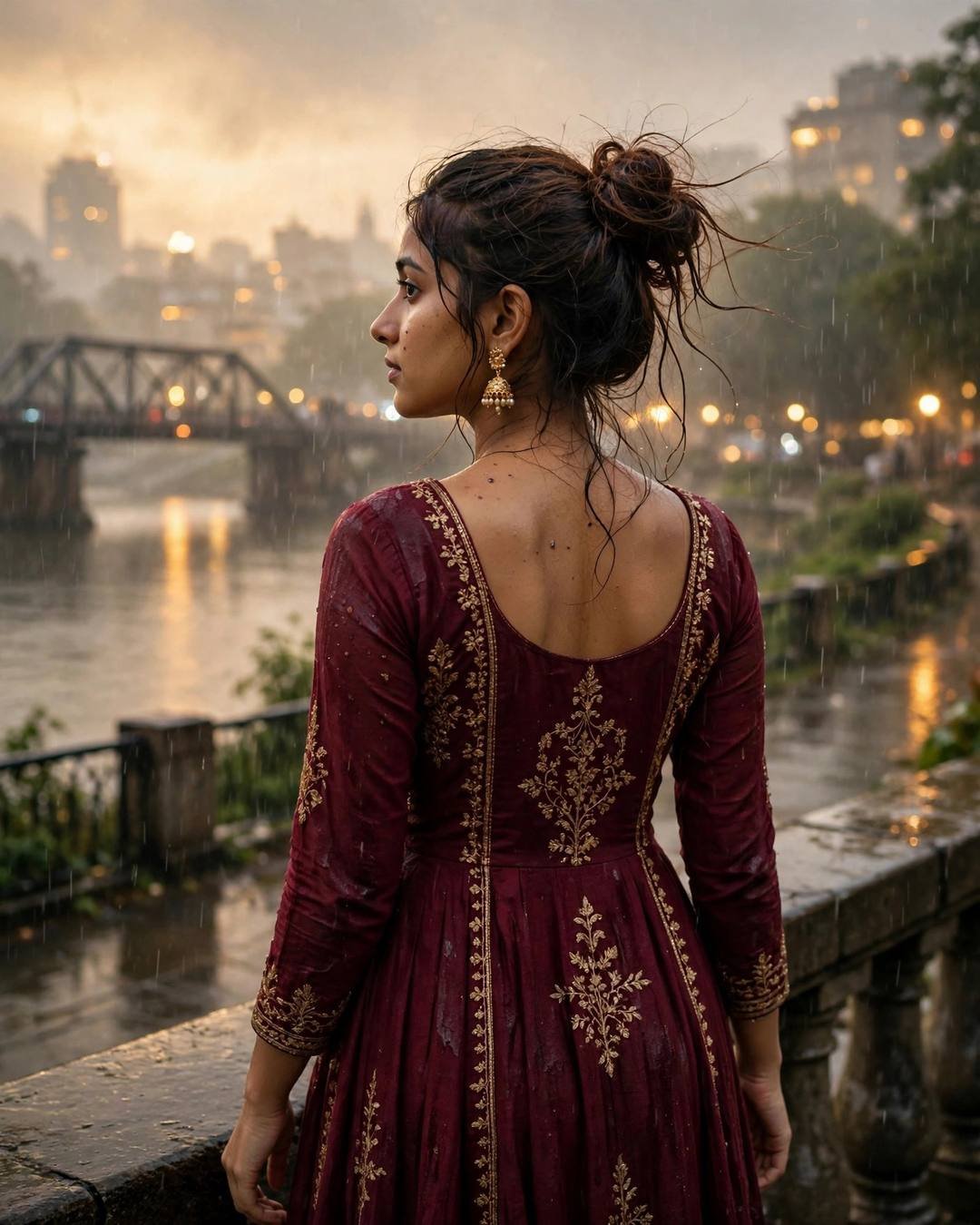 Young Indian woman in maroon anarkali with jhumkas standing by a rainy river bridge, back to camera, looking over one shoulder
