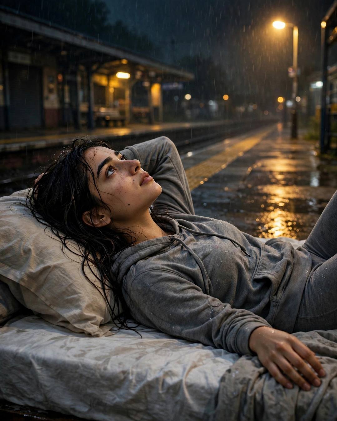 Young Indian woman lying on a bed placed on an empty railway platform at night in the rain, grey hoodie, one arm behind her head