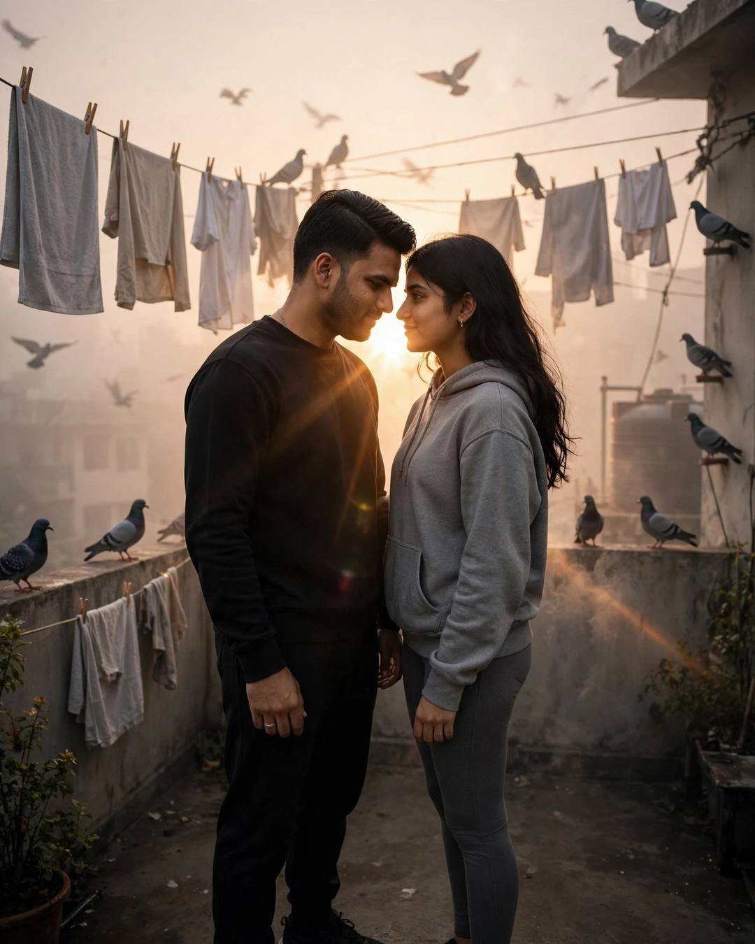 Young Indian couple standing face to face on a rooftop at golden hour, foreheads almost touching, pigeons and clothes lines around